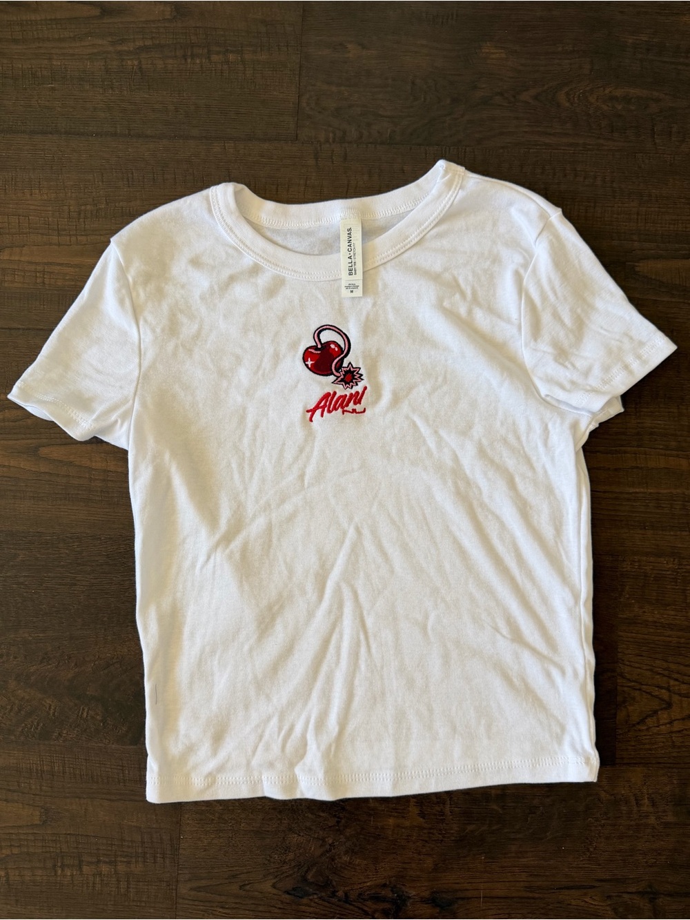 White Crop Top with Red Cherry Graphic - Alani Detail